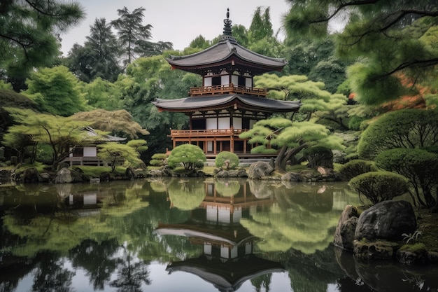生成 AI で作成された自然に囲まれた日本の塔が映る静かな池