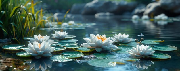 Photo a serene pond with water lilies background