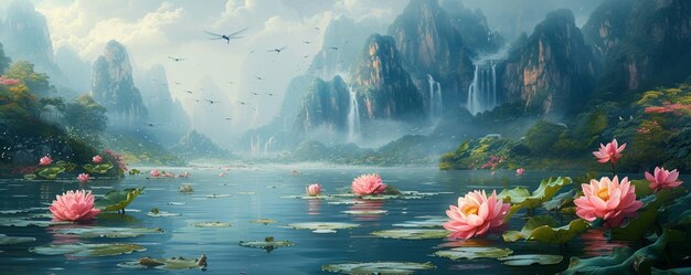 Photo a serene pond with water lilies wallpaper