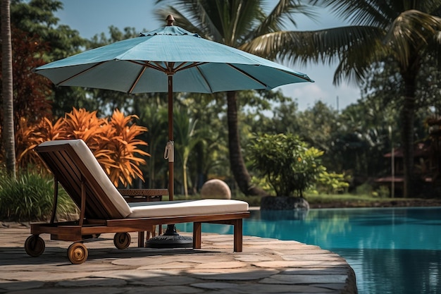 Serene Poolside Ambiance with Umbrella and Chair AI