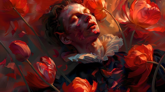 Спокойный портрет человека среди ярких красных мак художественное представление, запечатленное в стиле цифровой живописи смесь природы и человеческих эмоций ИИ