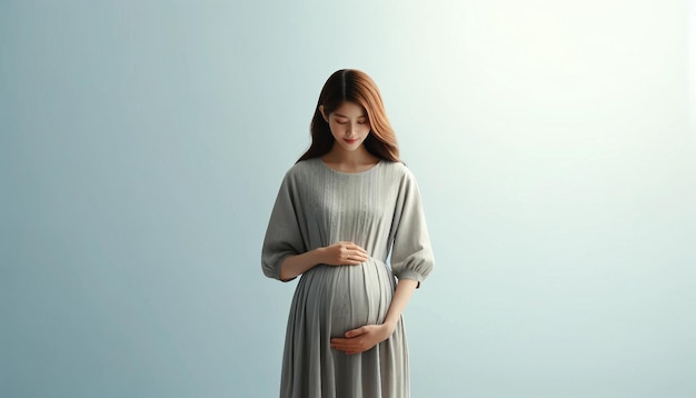 Serene Portrait of Pregnant Woman in Light Gray Dress