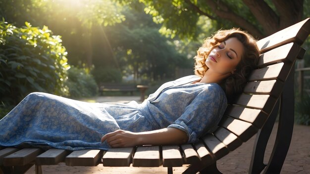 Photo a serene portrait of a woman reclining on a sundappled bench her eyes closed in peaceful