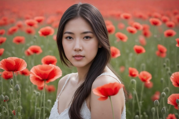 Безмятежный портрет молодой восточноазиатской женщины в маковом поле.