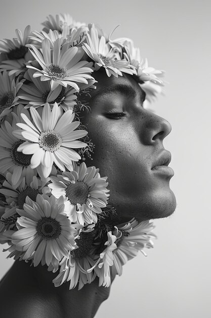 Foto sereno ritratto di un giovane adornato con una corona di fiori di margherita