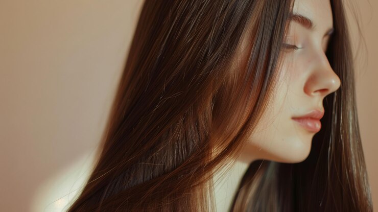 ゆっくりと照らされた長の若い女性のやかなプロフィールが彼女のやかで優しい態度を強調しています