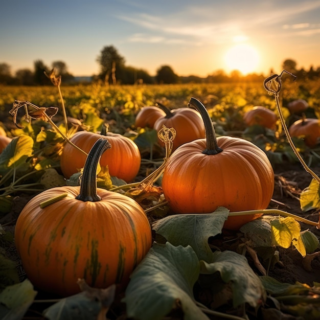 セレイン・パンプキン・パッチ (Serene Pumpkin Patch) は自然の光で青い空の下のパンプクイン・フィールドです