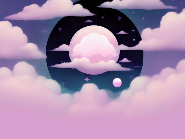 Serene Purplish Clouds and Abstract Planets and Moon Background