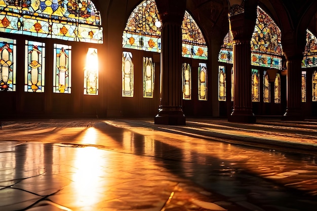 Photo serene ramadan prayer at the mosque sacred atmosphere and soft golden light