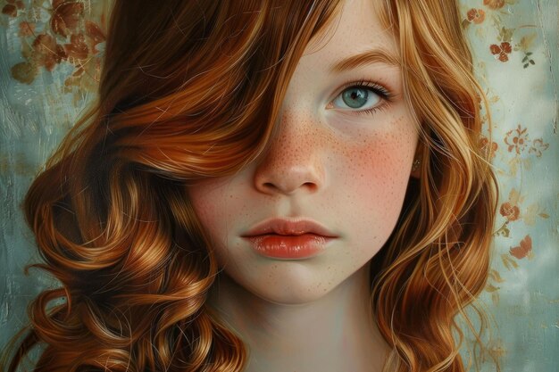 Photo serene redhead girl with striking blue eyes