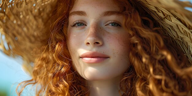 Serene redhead woman gazing forward natural light portrait closeup shot fashion and beauty concept outdoor summer vibes with a rustic feel AI