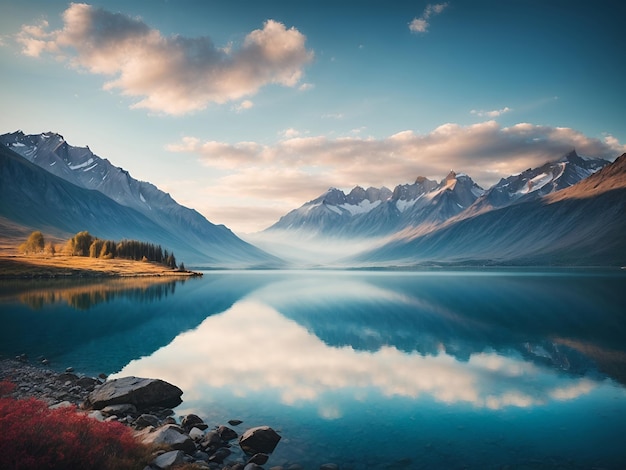 A Serene Reflection Majestic Mountains Tranquil Lake and Ethereal Clouds