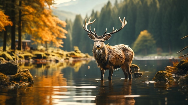 A serene reflection of nature beauty deer in the wild