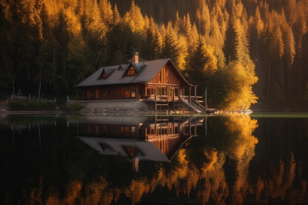 Serene reflection rustic house by the lake mountains in the background generative IA