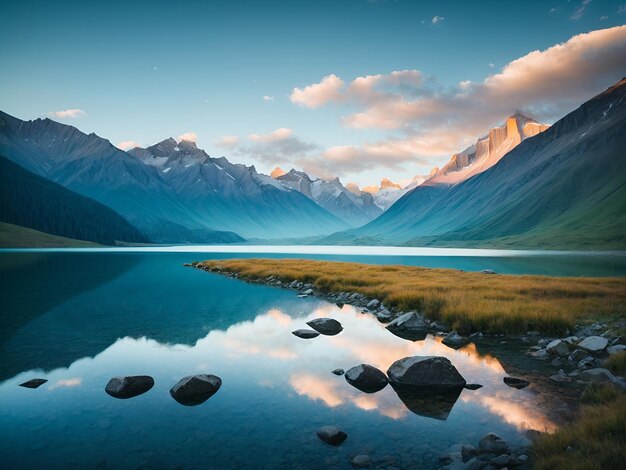 A Serene Reflection A Tranquil Lake with Majestic Mountains Embraced by a Dreamy Cloudy Sky