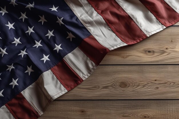Serene representation From above the USA American flag on a wooden surface evokes a sense