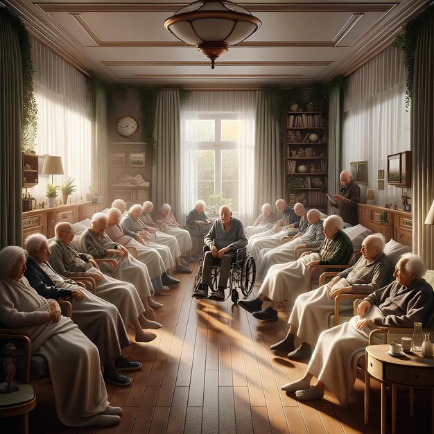 Спокойная гостиная в доме престарелых с пожилыми жителями