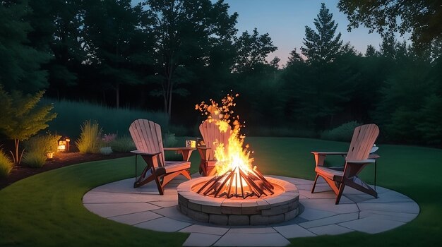 夏 の 晩 に 屋外 の 暖炉 と 芝生 の 椅子 を 楽しむ やかな 避難 場所