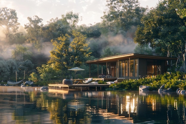 Serene retreats aan het meer, omringd door bossen.