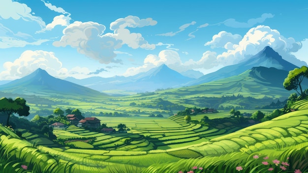 a serene rice terrace landscape with terraced fields stretching into the distance