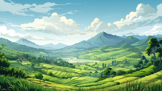a serene rice terrace landscape with terraced fields stretching into the distance