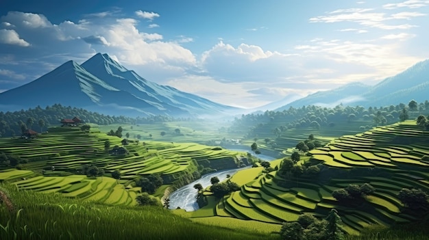 a serene rice terrace landscape with terraced fields stretching into the distance