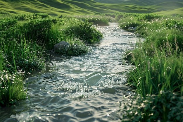 Photo a serene river flowing through a lush green landsc