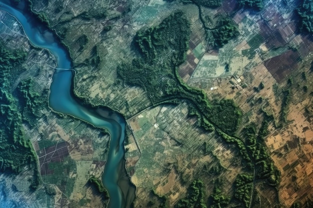 Безмятежная река, протекающая через зеленый сельский пейзаж Генеративный ИИ
