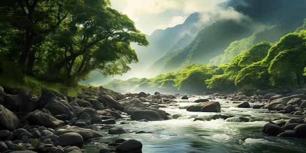 Serene River Flowing Through Verdant Mountains