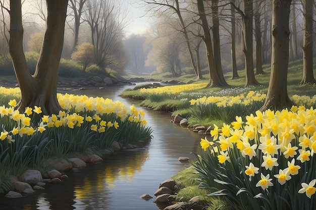 Serene Riverside Daffodils Along Peaceful Stream Illustration