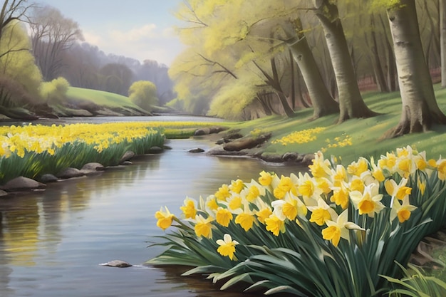 Serene Riverside Daffodils Along Peaceful Stream Illustration