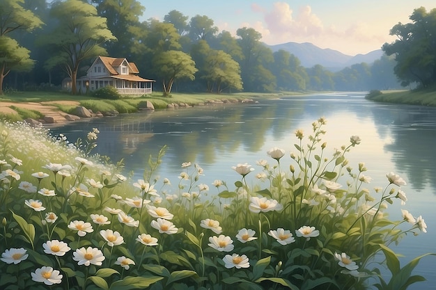 Serene Riverside Pappy Flowers in Gentle Breeze Illustration