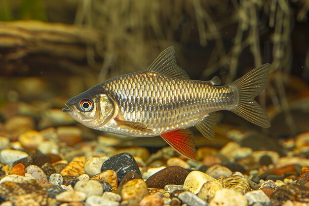 Serene Roach Resting Among Riverbed Stones