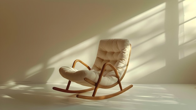 사진 빛에 빛나는 흔들리는 의자와 함께 진정된 방 인테리어는 현대적인 미니멀리즘 스타일로 가정 장식 테마에 이상적인 이미지 평화로운 실내 외로움 인공지능