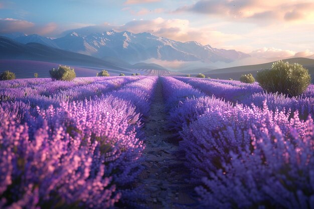 A serene row of lavender fields in bloom