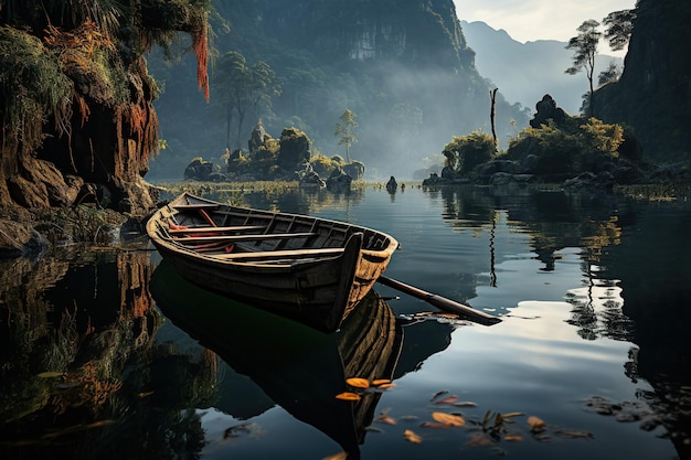 Serene Rowboat on Calm Waters Amidst Limestone Karsts Generative AI