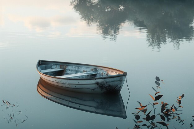 Photo a serene rowboat drifting on a tranquil lake