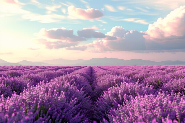 Foto serene file di campi di lavanda che si estendono fino al