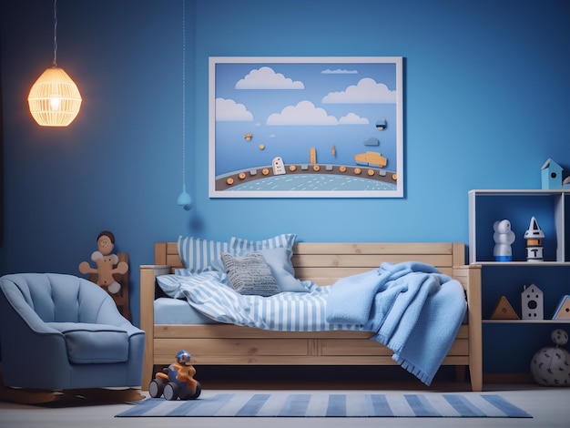 Serene ruimte versierd met meubels in blauwe kinderkamer AI Generation