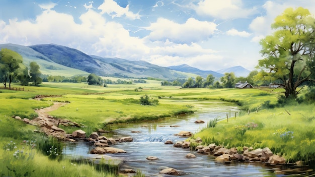 Serene Rural Landscape Painting In Hyperrealistic Watercolor