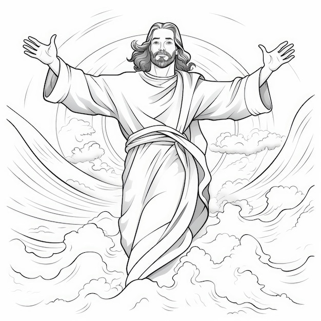 평화로운 구세주 예수님은 놀이적인 만화 스타일로 폭풍을 진정시니다.