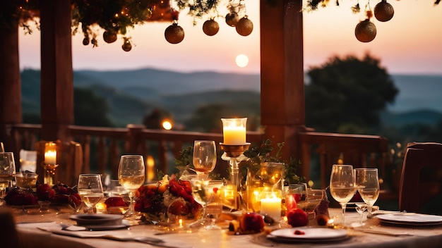 아름다운 장식 된 테이블 을 둘러싸고 해가 지는 동안 함께 축제 식사를 즐기는 조용 한 장면