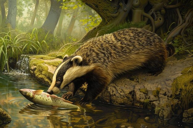 A serene scene of a badger peacefully munching on generative ai