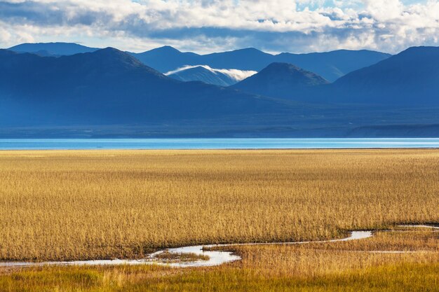 Serene scène bij het bergmeer in Canada met weerspiegeling van de rotsen in het kalme water.