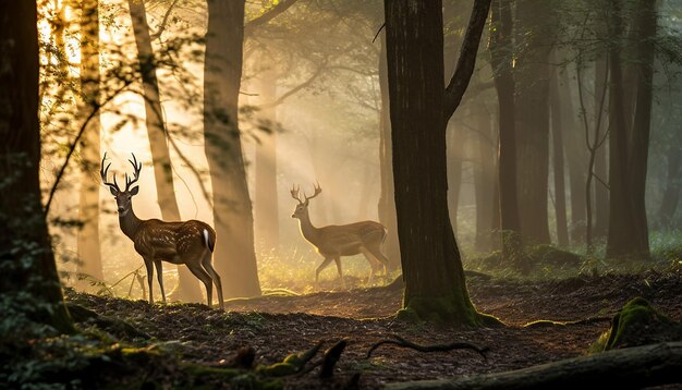 a serene scene of deer grazing in a misty forest at dawn