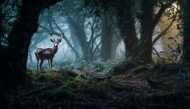 a serene scene of deer grazing in a misty forest at dawn