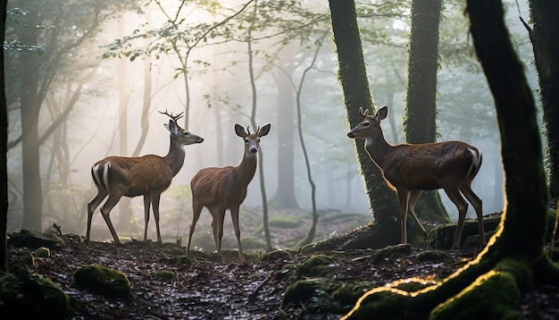 a serene scene of deer grazing in a misty forest at dawn