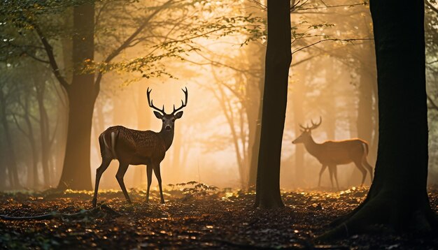 a serene scene of deer grazing in a misty forest at dawn