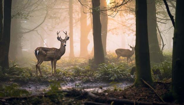 Photo a serene scene of deer grazing in a misty forest at dawn