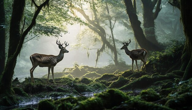 Photo a serene scene of deer grazing in a misty forest at dawn